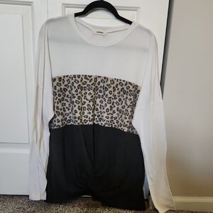Women's Leopard Print Colorblock Top - White and Black